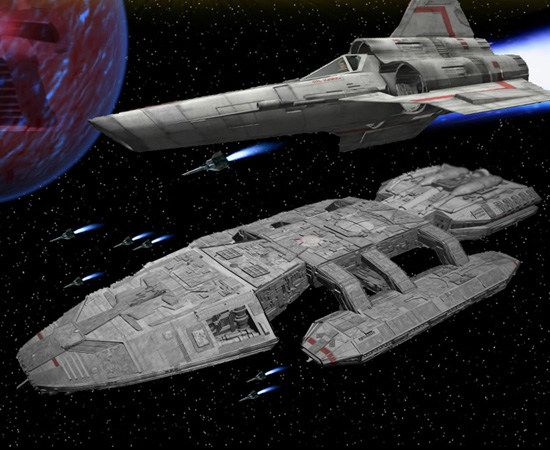 Battlestar Galactica é uma nave espacial que carrega os humanos remanescentes do planeta Caprica. Ela pode viajar na velocidade da luz. A outra nave mostrada acima dela é um Viper (veículo de batalha). Battlestar Galactica é uma nave espacial que carrega os humanos remanescentes do planeta Caprica. Ela pode viajar na velocidade da luz. A outra nave mostrada acima dela é um Viper (veículo de batalha).
