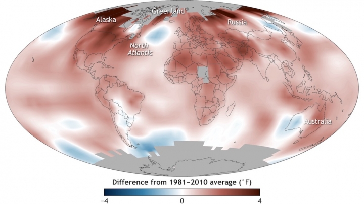 Temperatura global da superf&iacute;cie em 2016 em compara&ccedil;&atilde;o com a m&eacute;dia 1981-2010