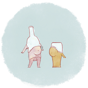 Ilustração de uma garrafa de vinho e um copo de cerveja, ambos com braços e pernas humanas e com barriga inchada 