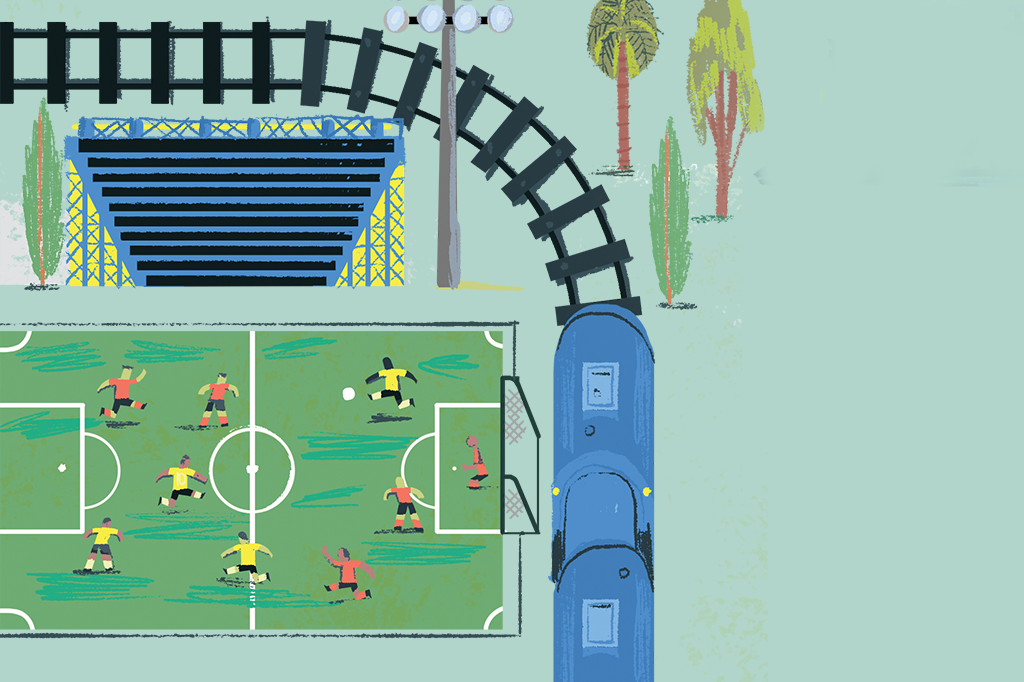 ilustração de um vagão passando ao lado de uma partida de futebol