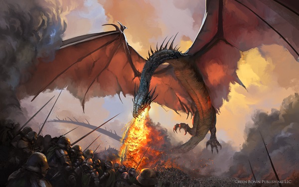 dragoes_balerion Ilustração de Balerion cuspindo fogo sob um exército