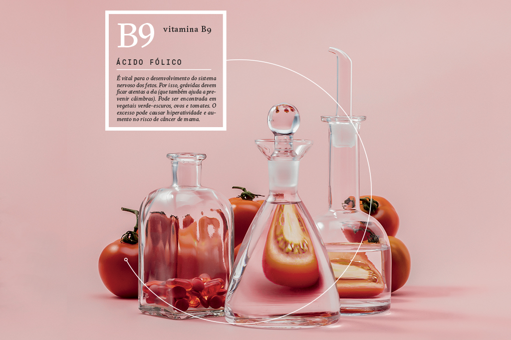 Vitamina B9 - ácido fólico. Um vidro de comprimidos repleto de tomates em volta.