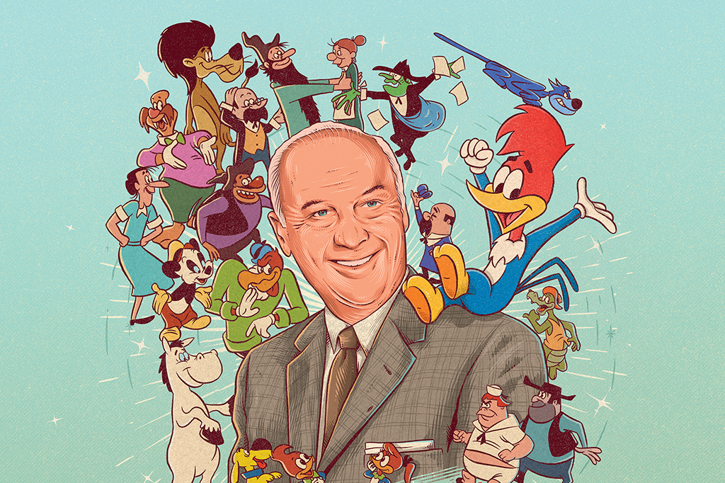 ilustração de walter lantz com vários de seus personagens à sua volta, como o Pica Pau, o Zeca Urubu e a Minnie Ranheta