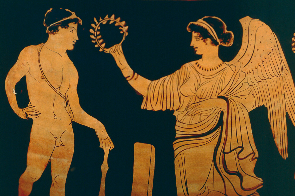 Antiga imagem grega de uma mulher com asas entregando uma coroa de louros a um homem