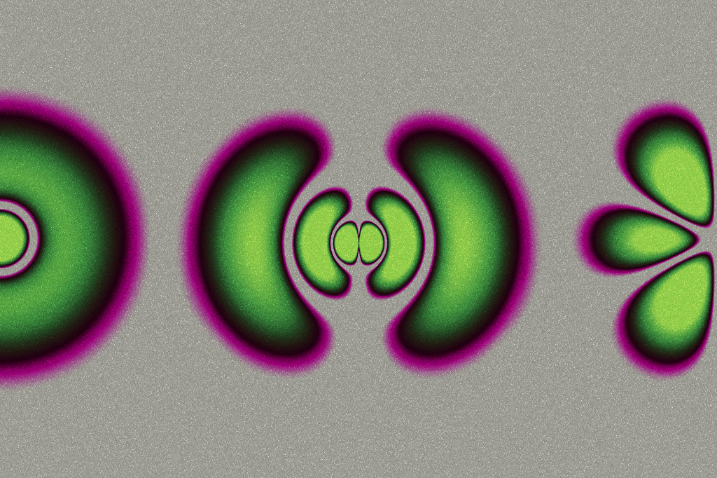 A ilustração acima mostra as nuvens de probabilidade de elétrons em diferentes níveis de energia. Em português claro: as áreas verdes são as regiões em torno do núcleo do átomo onde há mais chances de um elétron estar.