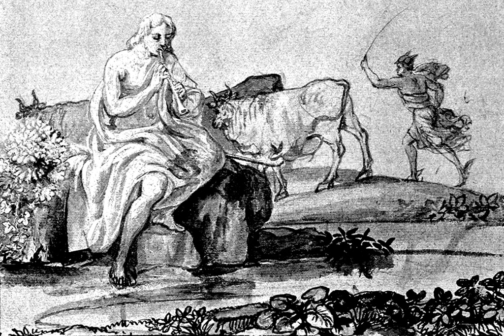 SI_Mitologia_Grega_Olimpo_Hermes_2 <strong>Hermes provoca a fúria de Apolo ao roubar seu rebanho. Mas é perdoado quando lhe ensina a arte da música.</strong>