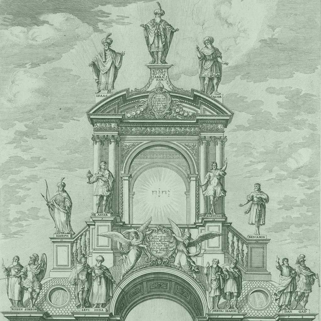 <strong>Arco triunfal barroco com imagens dos patriarcas israelitas e a palavra “Iahweh”.</strong>