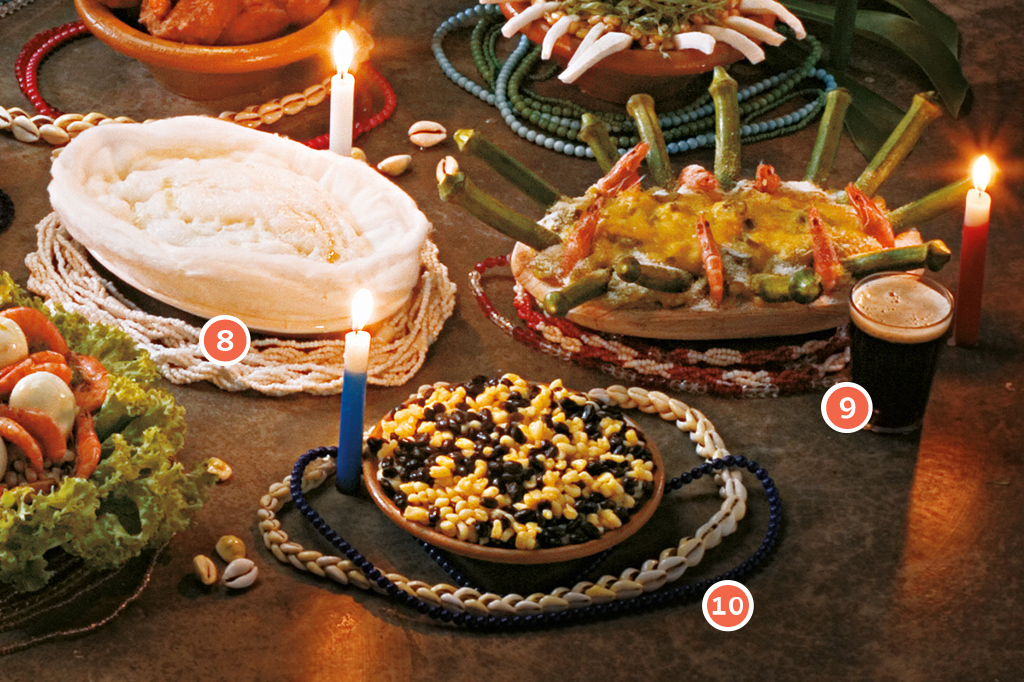 SI_Religiao_Afro_comida_1D <strong>8 • OXALÁ – Inhame cozido com mel, a canjica branca e o arroz com mel, 9 • XANGÔ – Amalá (pirão preparado com quiabo, azeite de dendê e camarão seco), 10 • NANÃ – Ligada à terra, gosta de milho, tubérculos (beterraba e batata-doce) e ainda rãs. <br /></strong>