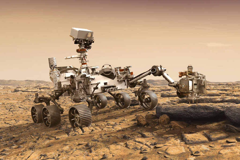 Ilustração do Rover Perseverance estudando uma rocha de Marte.