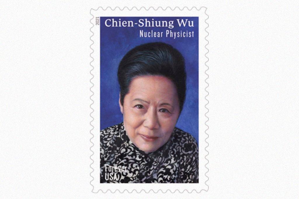 Selo postal com a foto de Chien-Shiung Wu, em um fundo azul.