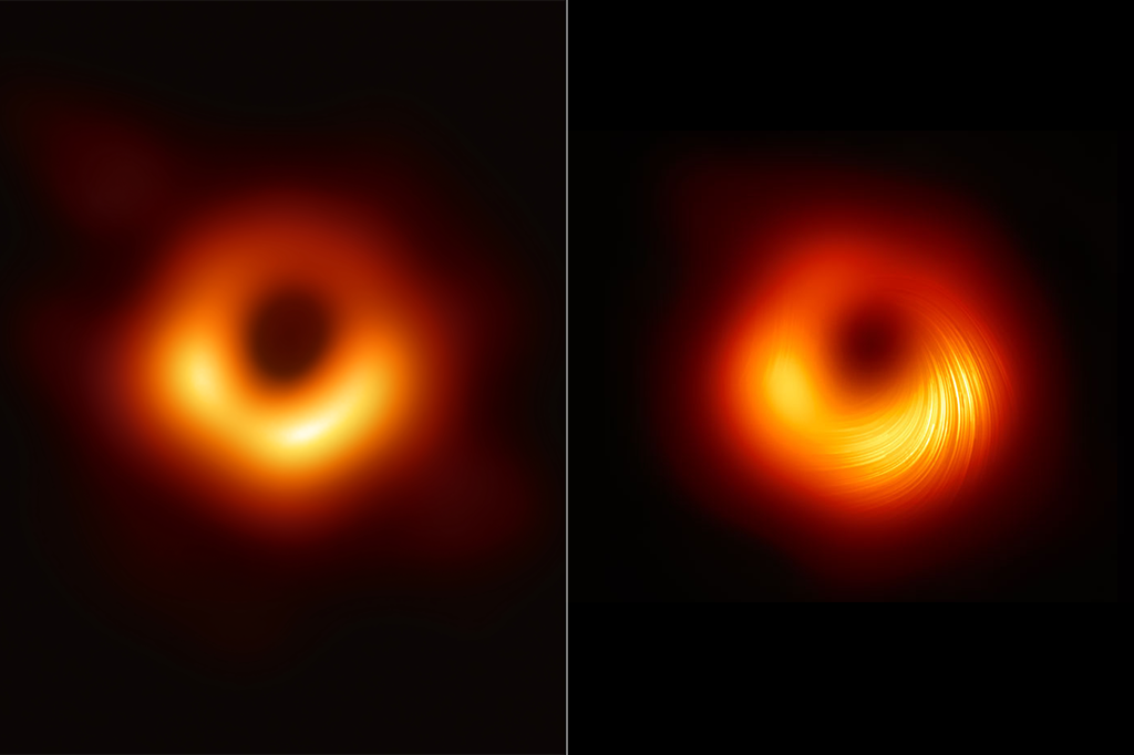 Imagem mostrando a comparação entre duas fotos do mesmo buraco negro.