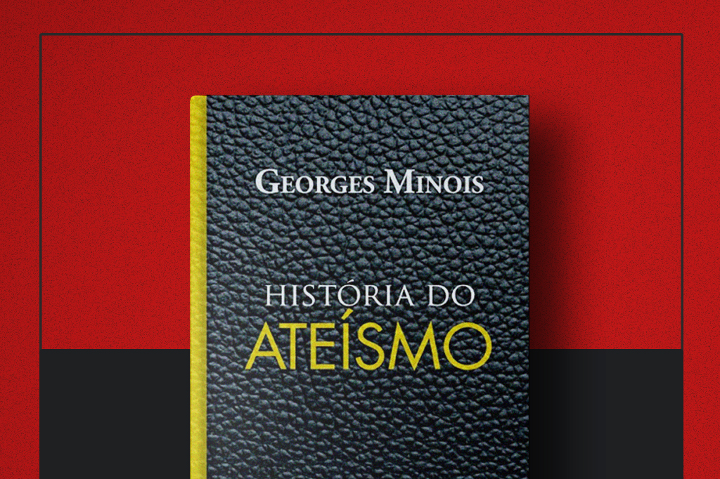 Capa do livro "História do ateísmo" no centro da imagem.