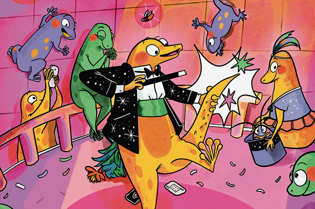 Ilustração de lagartixas em um concurso de talentos. Nenhuma lagartixa possui cauda, exceto a do centro da imagem, que está vestida de mágico.