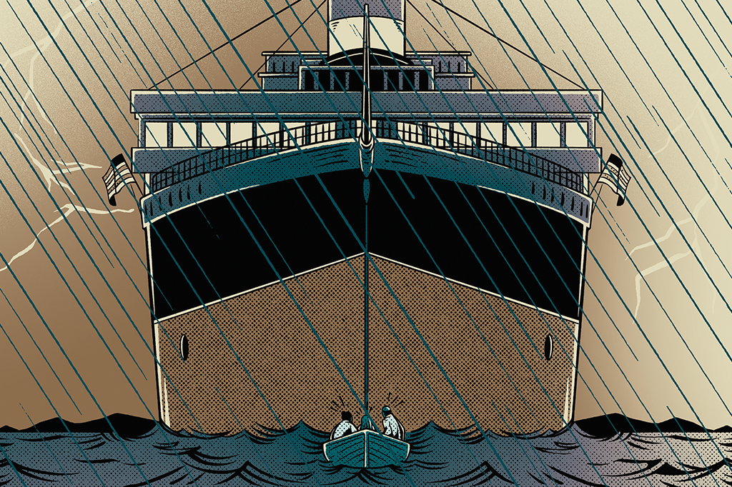 Ilustração de enorme navio moderno americano atrás do bote salva-vidas com os três cientistas brasileiros da imagem anterior.