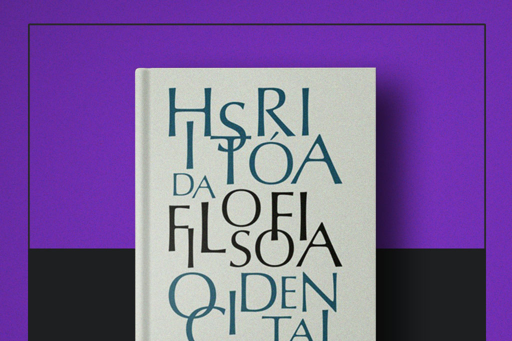Capa do livro "História da Filosofia Ocidental" no centro da imagem.