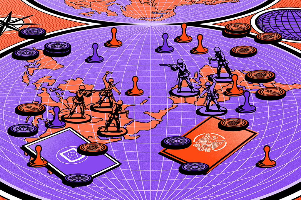 Ilustração mostrando dois países em guerra, em um tabuleiro de jogo com o mapa mundi.