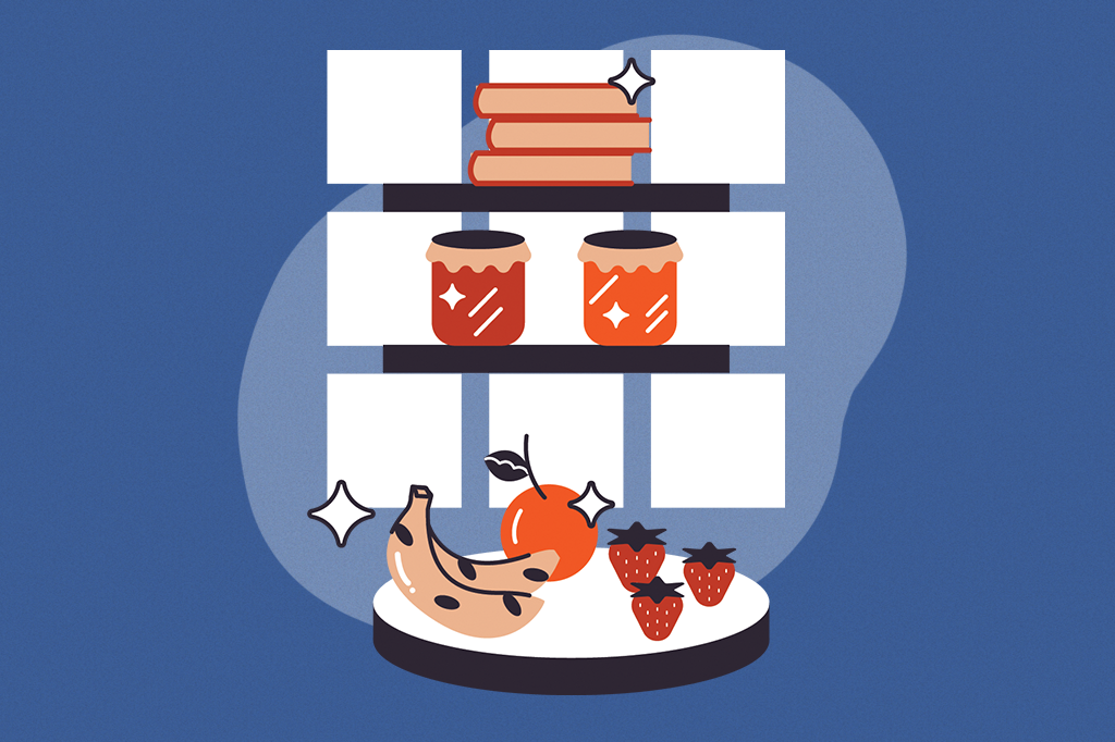 Ilustração de uma prateleirinha com geleias, frutinhas e livros de receita.