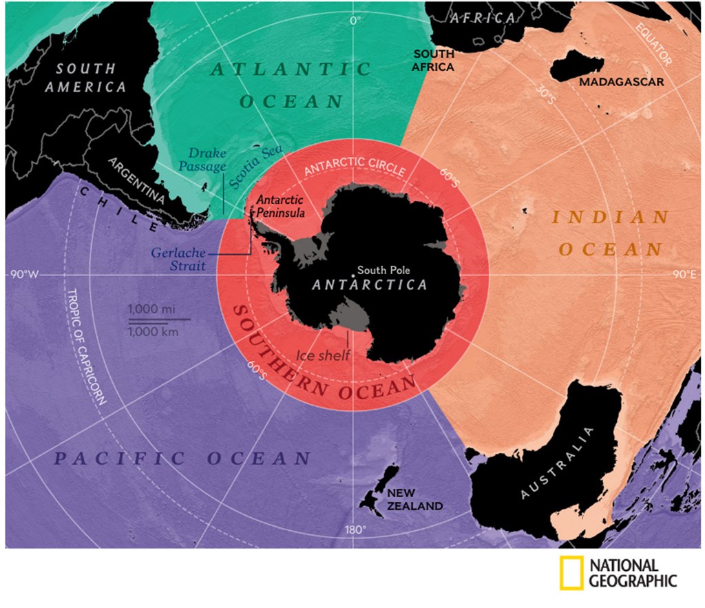 A Terra possui cinco oceanos, afirma a National Geographic Ilustração do Oceano Antártico.