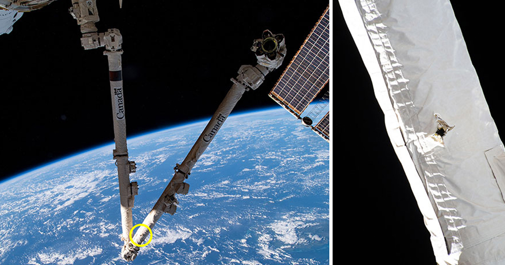 ISS é atingida por lixo espacial Estas imagens da NASA e da Agência Espacial Canadense mostram a localização de um ataque de detritos espaciais no braço do robô Canadarm2 da Estação Espacial Internacional, detectado em 12 de maio de 2021 e lançado em 28 de maio.