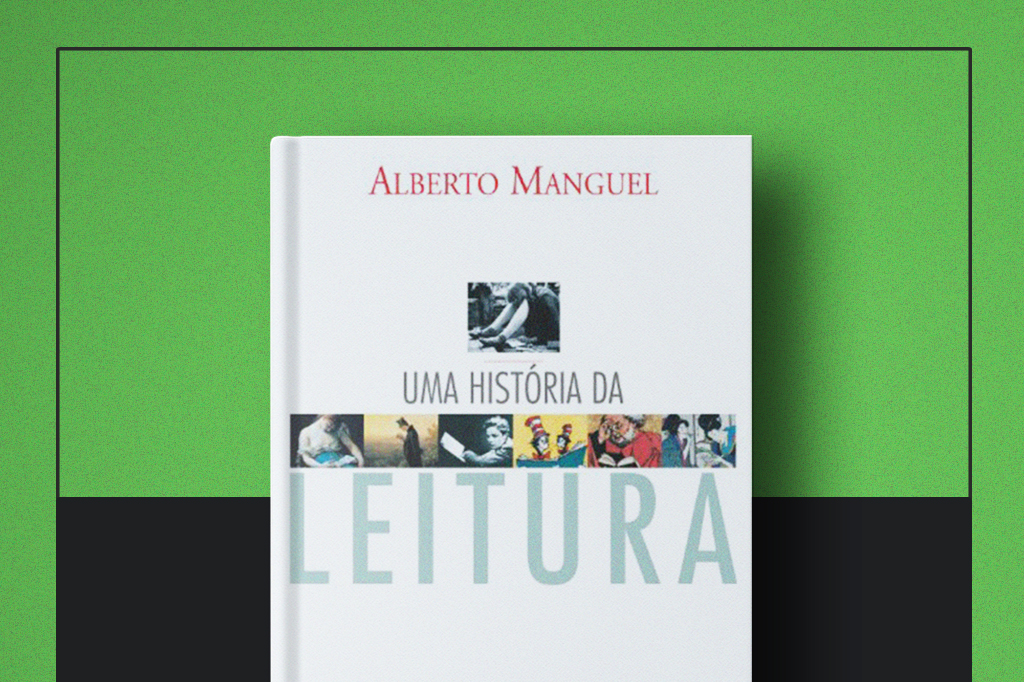 Capa do livro "Uma história da leitura" no centro da imagem.