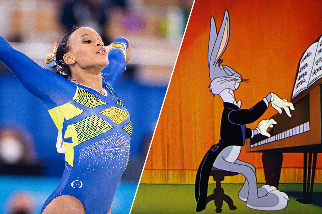 Duas imagens: a primeira mostrando Rebeca Andrade durante a performance de seu solo; a outra mostrando o Pernalonga tocando piano em um dos episódios do cartoon.