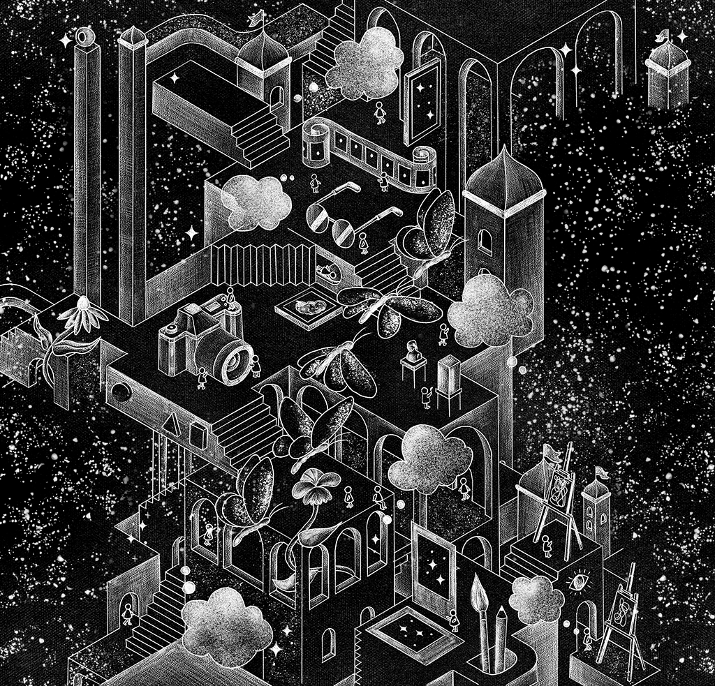SI_429_Imagens-mentais_03 Ilustração em preto e branco de plataformas que simulam um escritório com vários elementos que tem como base as imagens, como câmera, fotos, quadros e filmes.