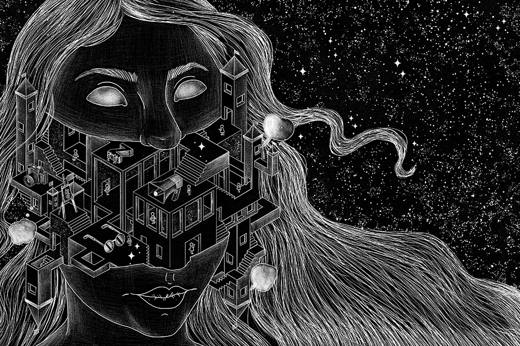 Ilustração em preto e branco, mostrando uma cabeça aberta horizontalmente, com um mini escritório dentro dela e vários elementos do pensamento saindo de dentro da cabeça, em um fundo estrelado.