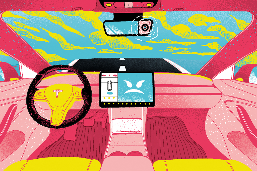 Ilustração do interior de um carro Tesla, com uma câmera no retrovisor e uma carinha malvada no painel.