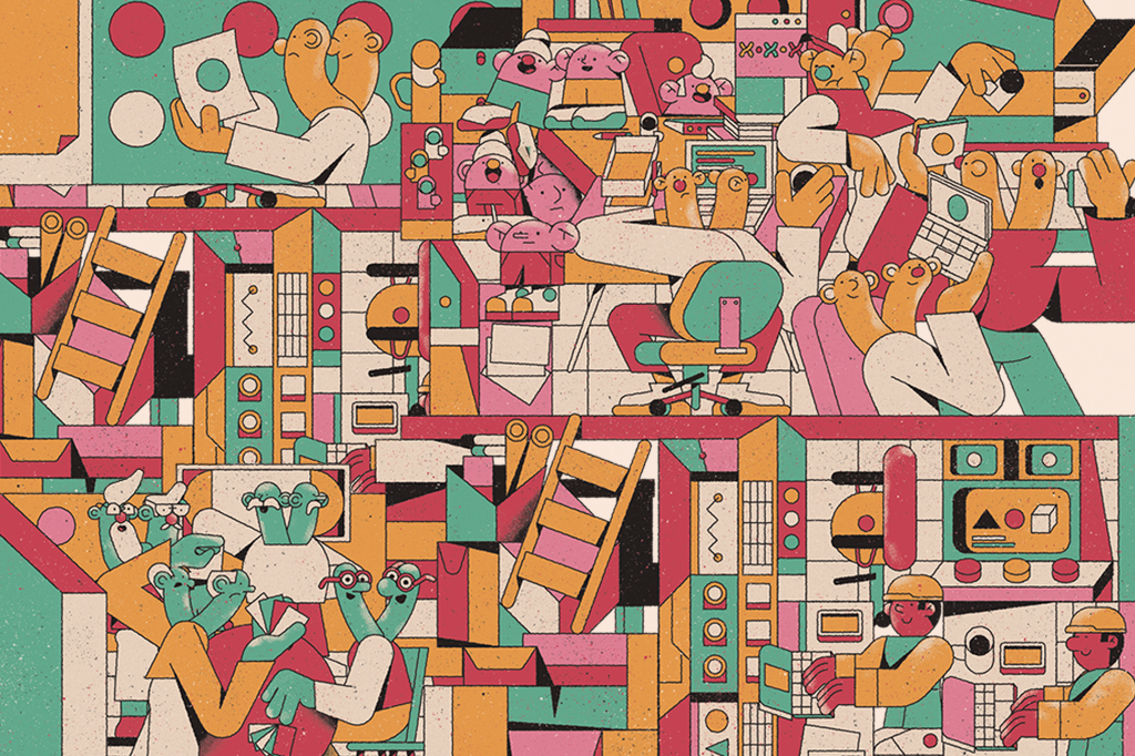 Ilustração da visão geral de uma empresa de genes, com genes saltadores, éxons, íntrons, depósitos e genes aposentados.