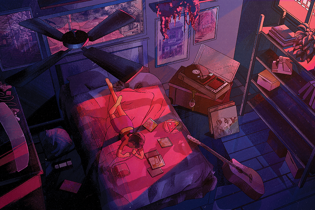 Ilustração de uma menina num quarto aconchegante, deitada na cama e ouvindo música.