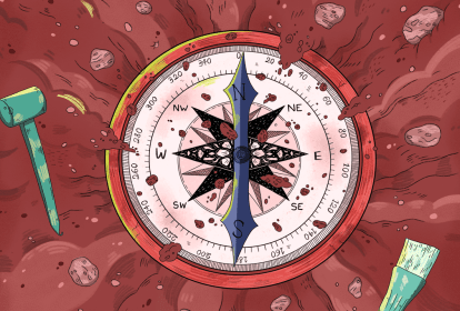 Ilustração de uma bússola sendo desenterrada.