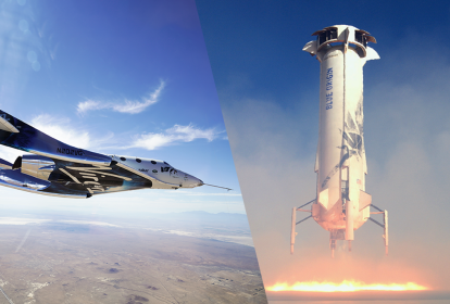 Montagem com a foto da Virgin Galactic ao lado da Blue Origin.