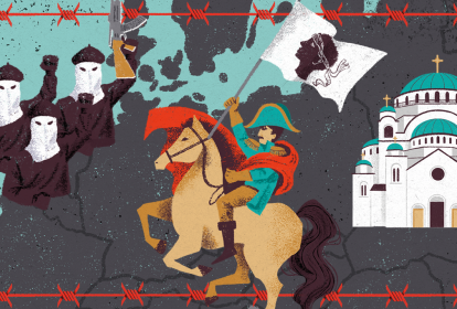 Ilustração mostrando mapa com Napoleão, uma igreja ortodoxa e militantes do ETA.