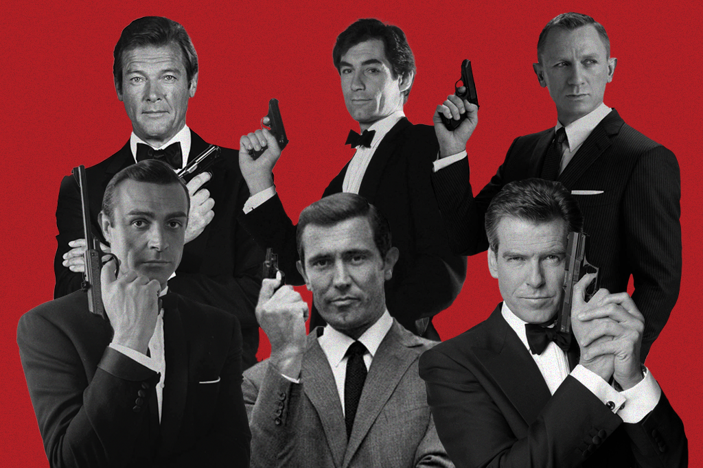 Montagem com as fotos em preto e branco dos atores Sean Connery, George Lazenby, Roger Moore, Timothy Dalton, Pierce Brosnan e Daniel Craig em um fundo vermelho.
