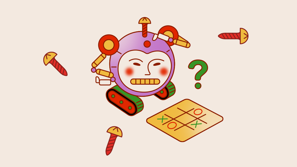 Ilustração de um robôzinho tentando resolver um jogo da velha.