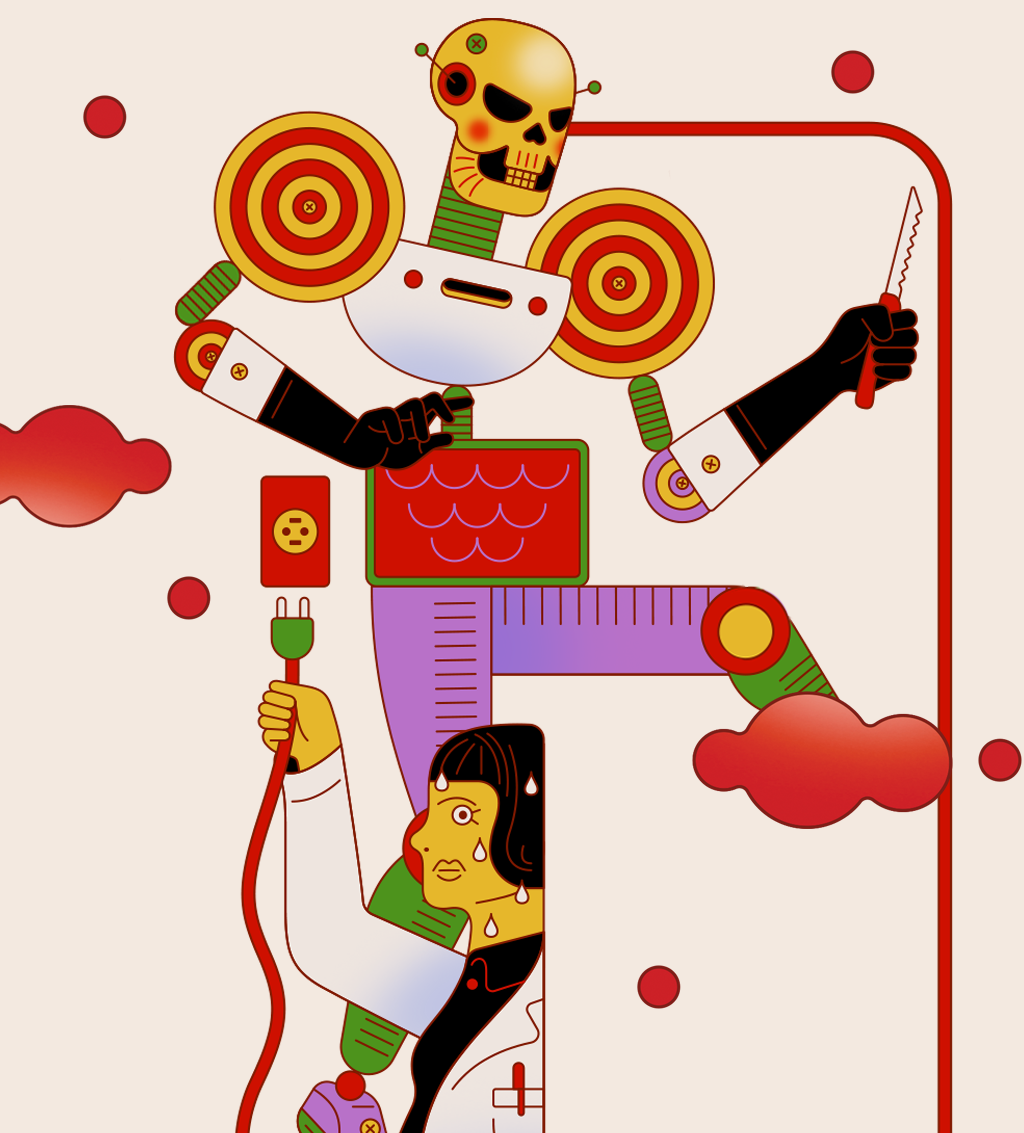 Ilustração de um robô ameaçador, com uma faca na mão, sendo desligado da tomada.
