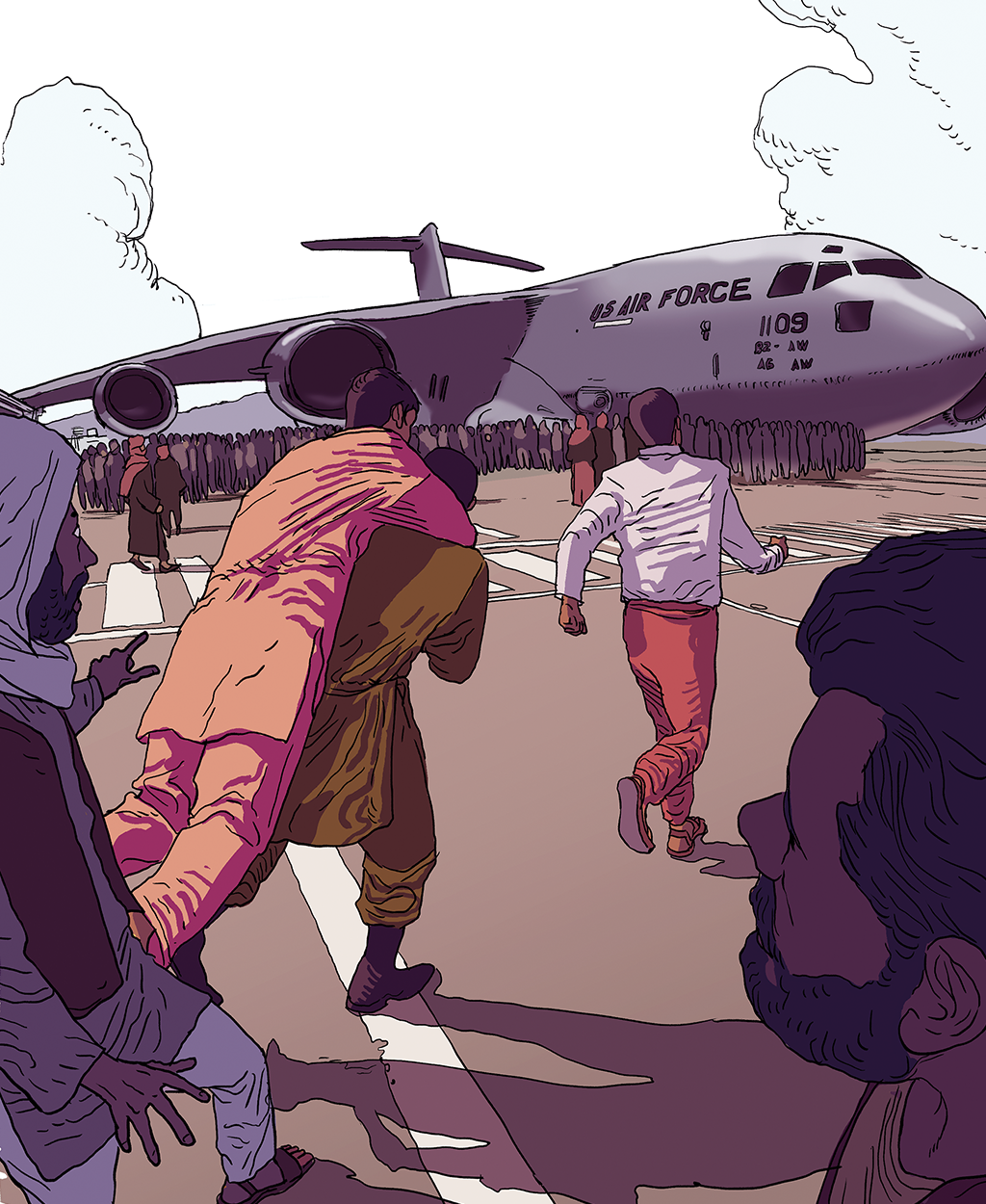 Ilustração mulhares de afegãos tentando fugir do país em avião militar americano.