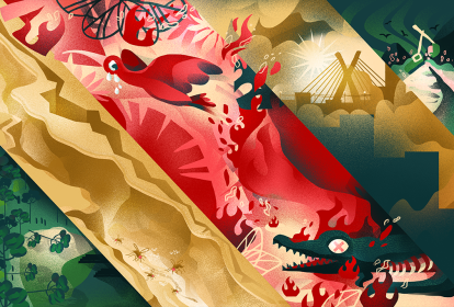 Ilustração retratando diversos cenários: desmatamento, incêncios, cidade poluída, região árida.