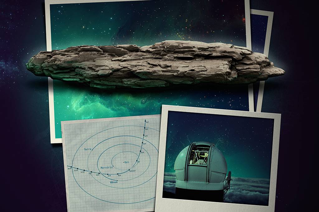 Montagem de fotos do objeto interestelar Oumuamua, seu trajeto e o telescópio que o avistou pela primeira vez.