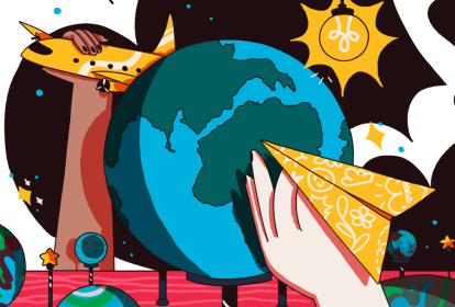 Ilustração de uma maquete do sistema solar e duas crianças segurando aviões de brinquedo.
