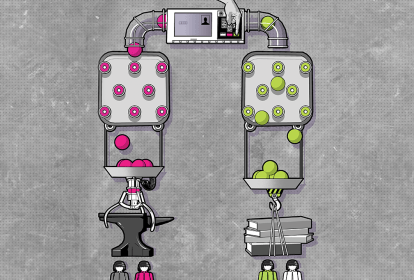 Ilustração de máquina de Goldberg com bolinhas caindo após votar numa urna eletrônica, um lado solta uma bigorda em cima de bonecos, e o outro lado dá livros.