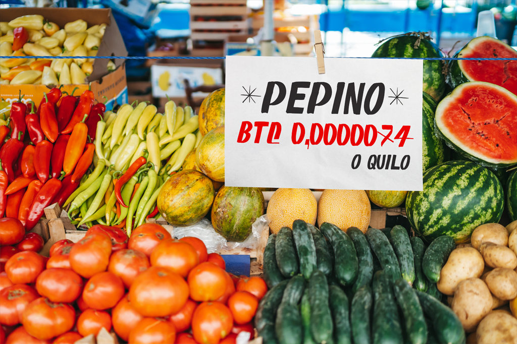 Bancada de feira com placa escrito o preço do pepino em bitcoin.