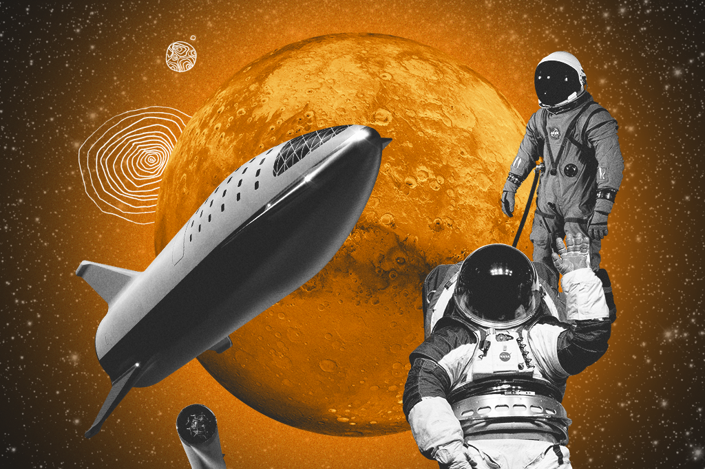 Colagem com a imagem dos trajes espaciais e o foguete Starship, da SpaceX, que vai ser utilizado na missão a Marte.