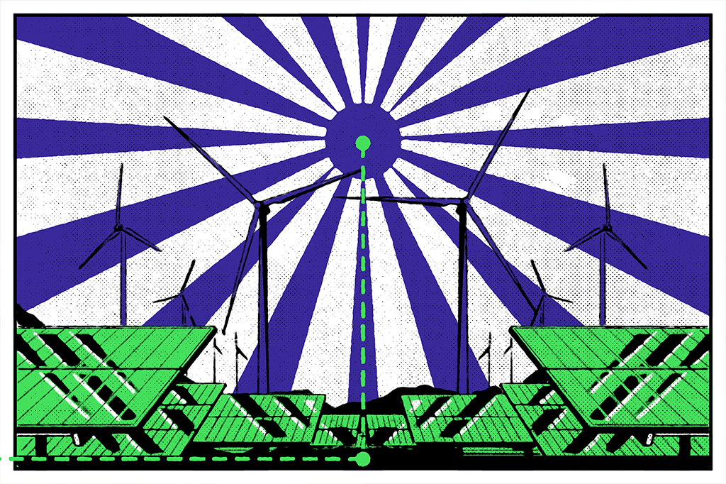 Ilustração de turbinas eólicas e painéis de energia solar.