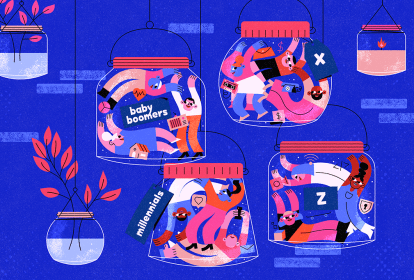 Ilustração de 4 potes de vidros com pessoas dentro. Cada pote representa uma geração: baby boomers, millennials, geração X e geração Z.