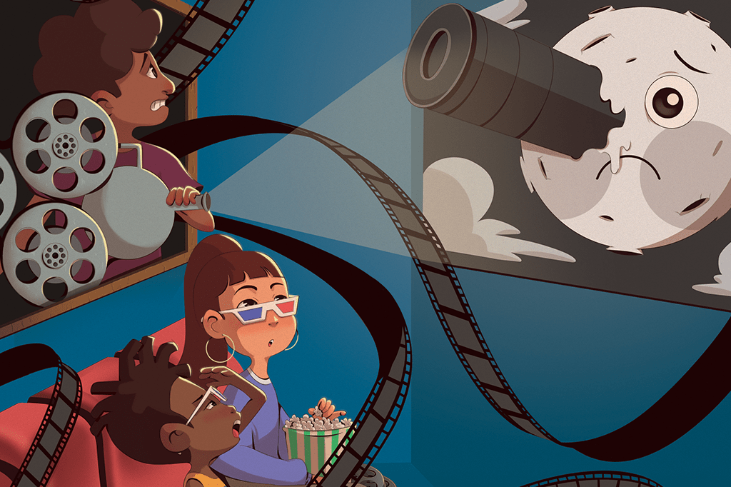 Ilustração de duas pessoas assistindo um filme 3D no cinema, com o rolo do filme invadindo toda a sala.