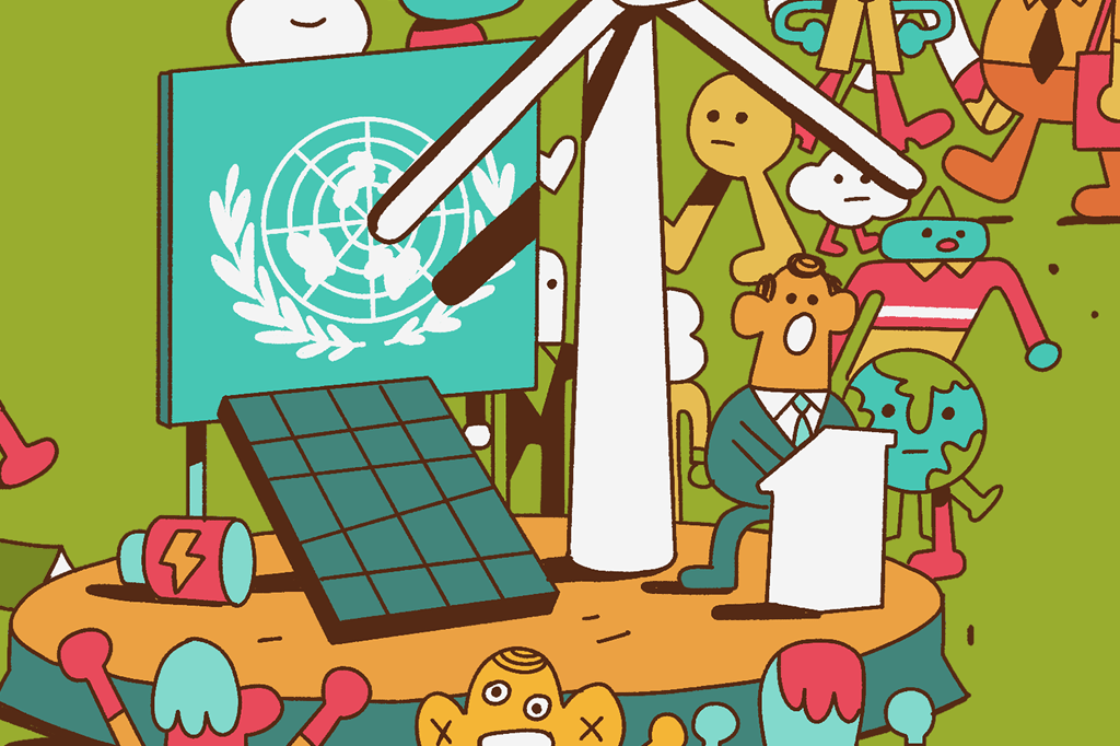 SI_434_cop26_acordofinal Ilustração de político falando no palco com símbolo da ONU.