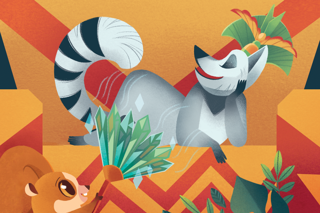 Ilustração do Rei Julien, de Madagascar, sendo abanado.