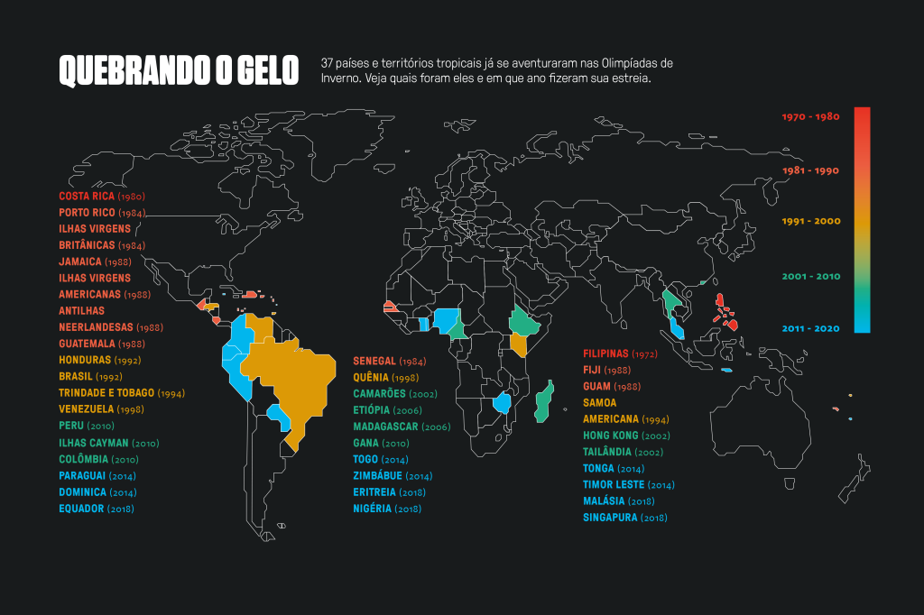 Mapa mostrando em quais anos os países tropicais fizeram sua estreia nas Olimpíadas de Inverno.