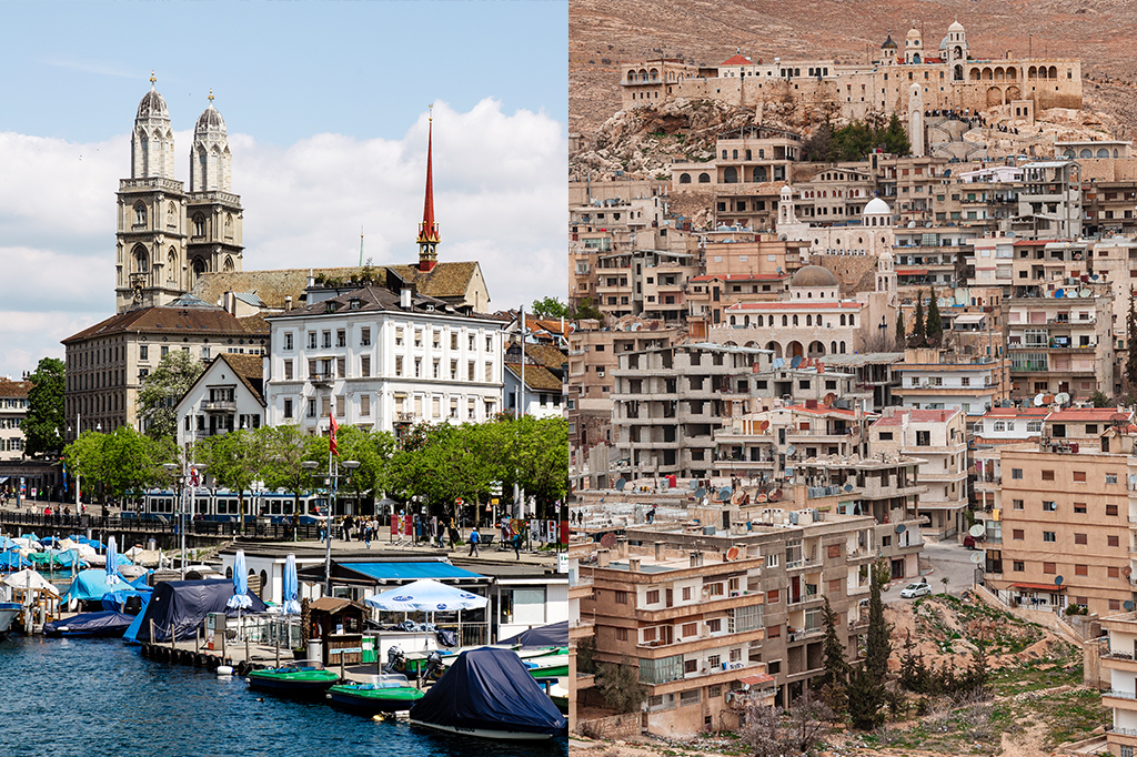 Montagem de fotos da cidade de Zurique e Damasco.